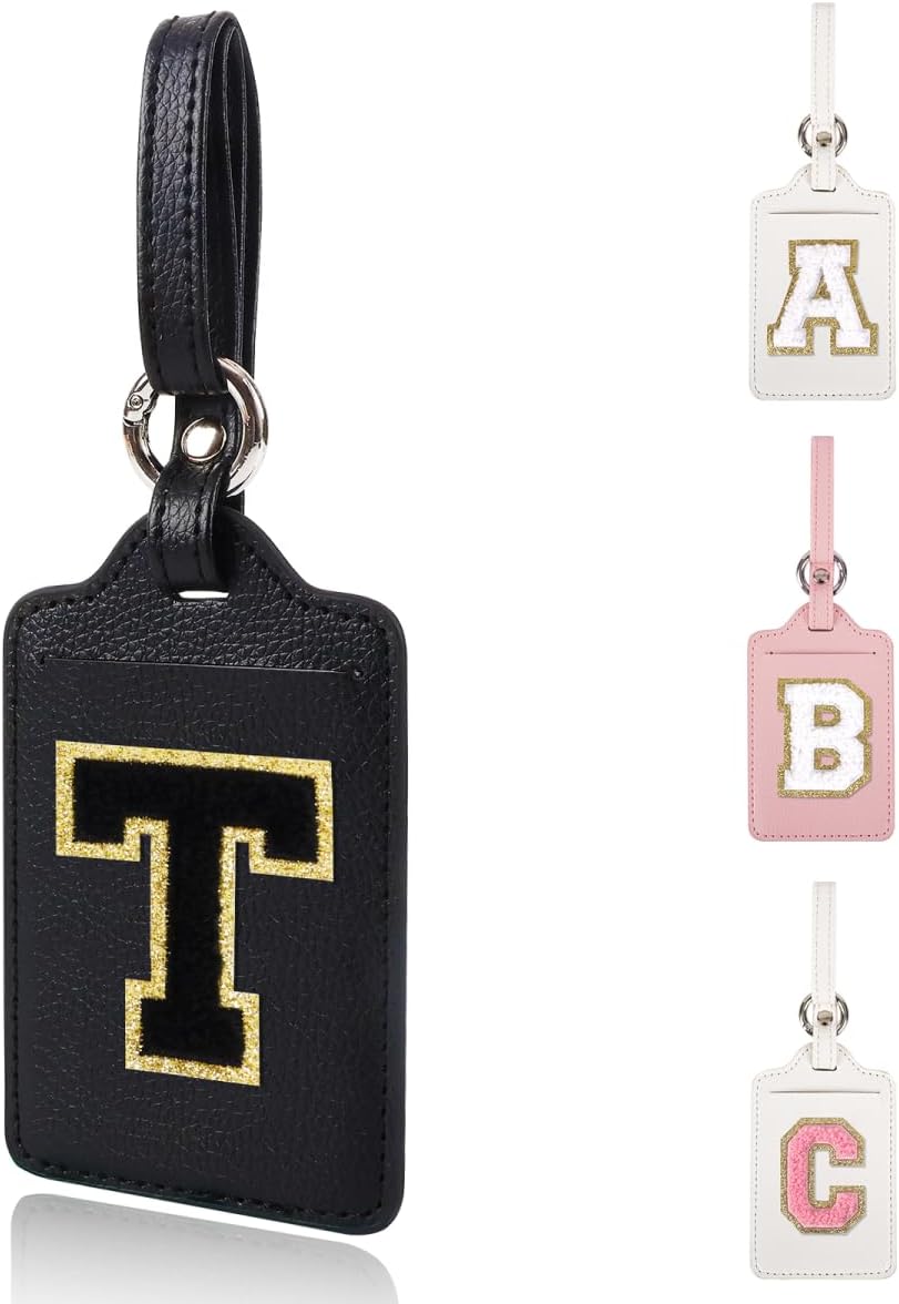 Personalized Initial Luggage Tags for Suitcases, Leather Chenille Letter Cute Luggage Tags with Privacy Name Card, Embroidered Travel Bag Backpack Tags Gifts for Women Kids Girls Teens(Black-T)