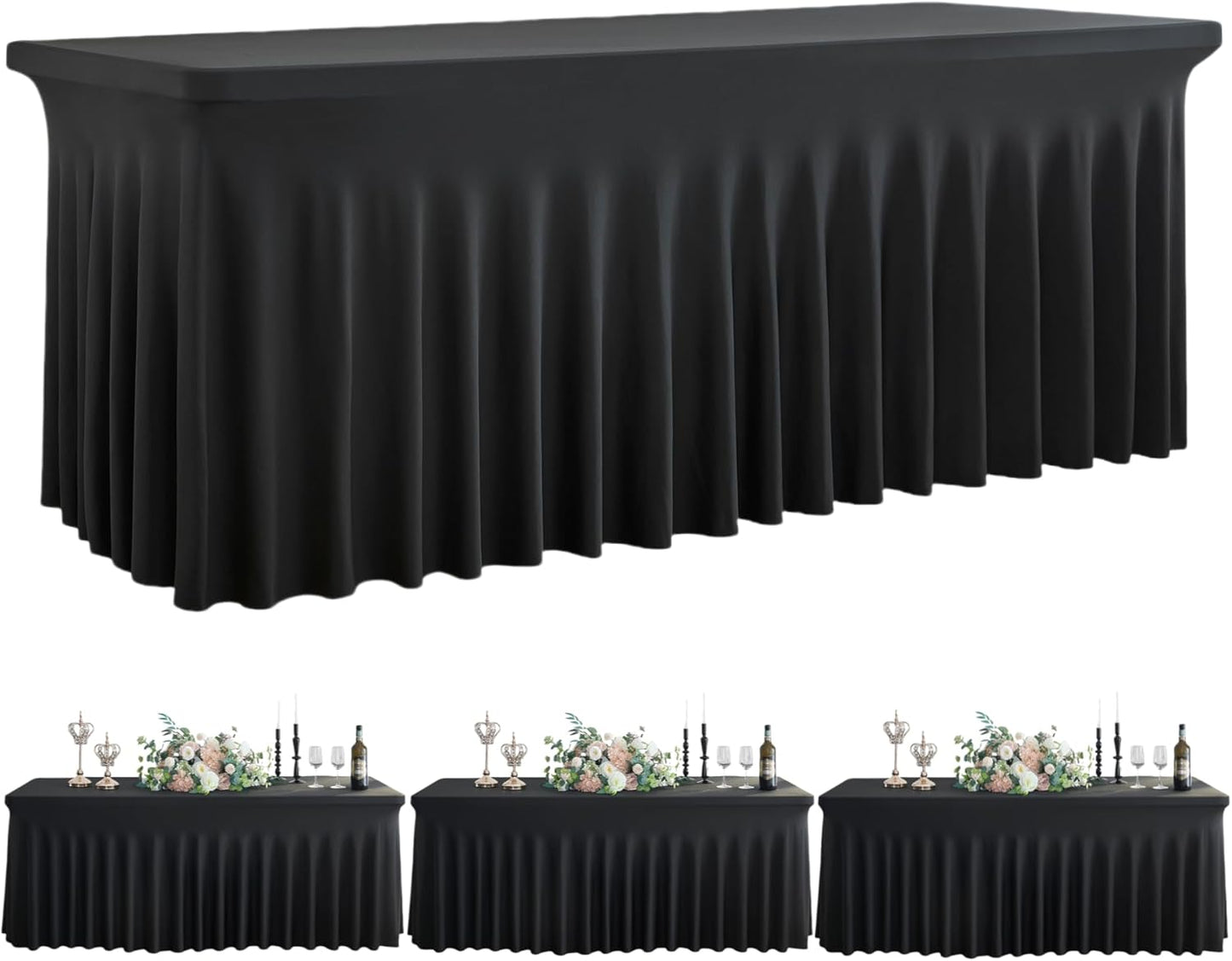 Outpain Spandex Tablecloth for 6 Foot Rectangle Tables, 3 Pack Black Fitted Table Cloths 6ft Stretchy Banquet Table Clothes Cover Desk Skirt for Birthday Wedding Parties Baby Shower