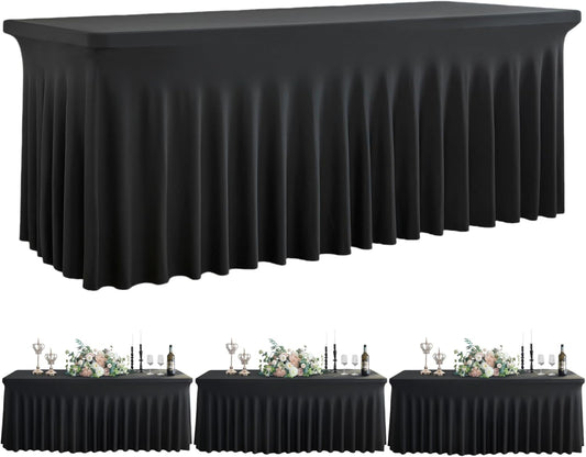Outpain Spandex Tablecloth for 6 Foot Rectangle Tables, 3 Pack Black Fitted Table Cloths 6ft Stretchy Banquet Table Clothes Cover Desk Skirt for Birthday Wedding Parties Baby Shower
