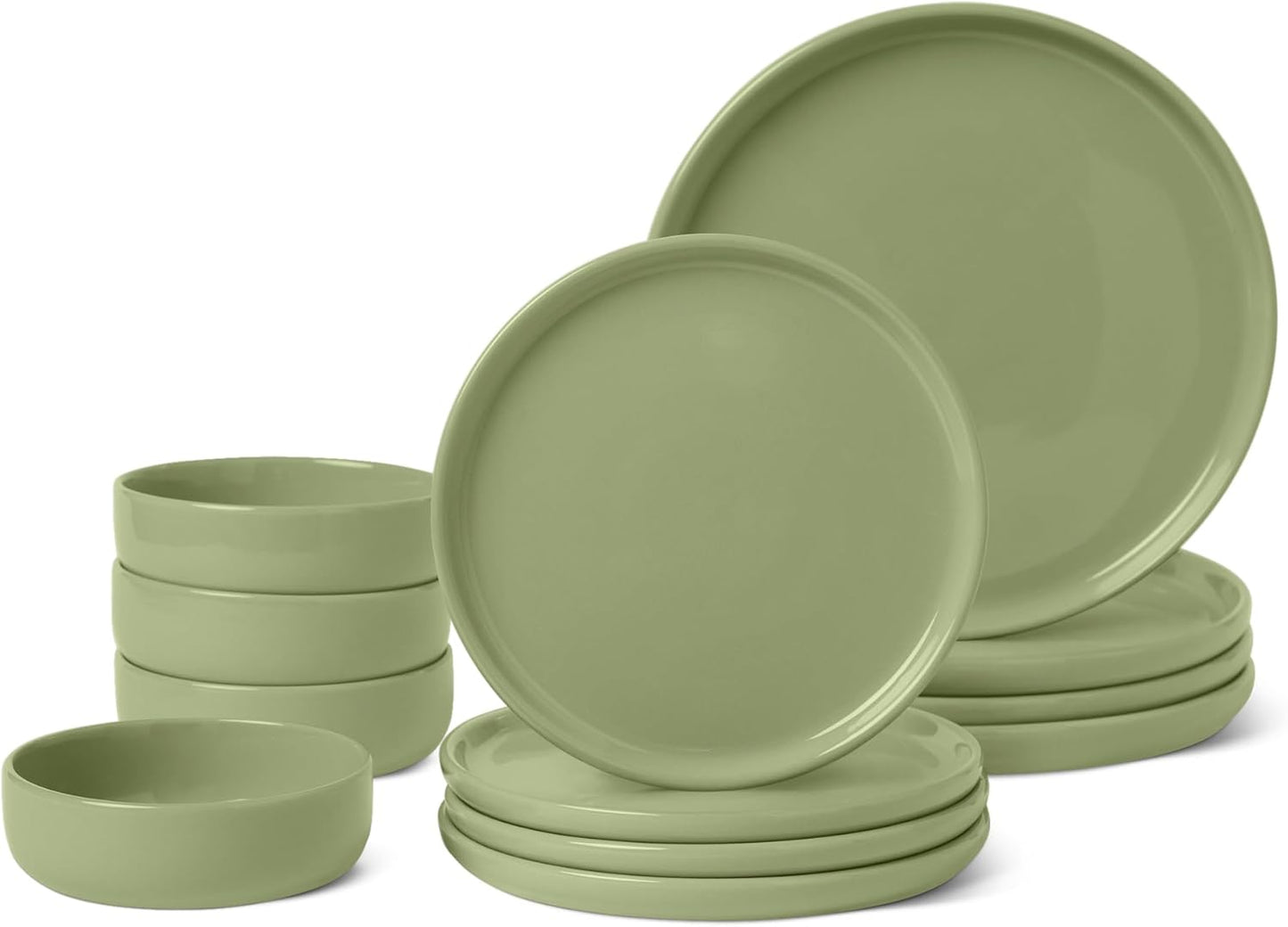 Amazon Basics Glazed Stoneware Dinnerware, 12-Piece Set, 4 Full Place Settings, Dishwasher-Safe, Olive