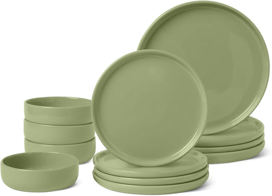 Amazon Basics Glazed Stoneware Dinnerware, 12-Piece Set, 4 Full Place Settings, Dishwasher-Safe, Olive
