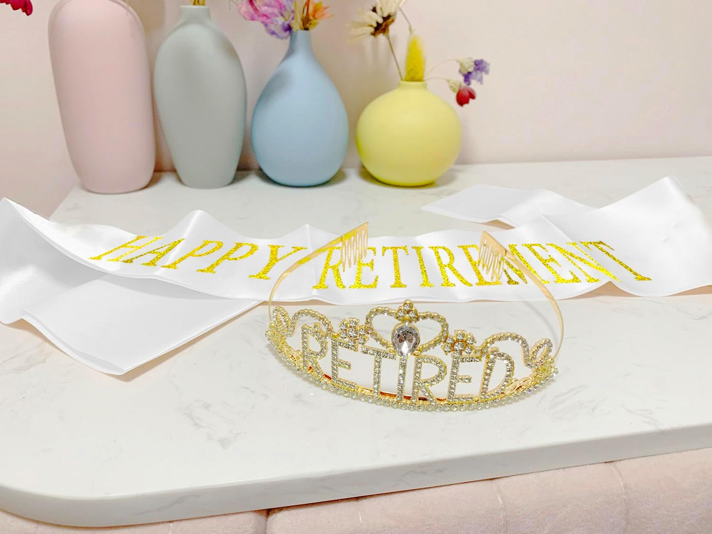 JETKONG Retirement Party Decorations Retired Tiara/Crown, Retired Sash for Women Retirement Gifts, Retirement Party Supplies, Gifts, Favors (Gold)