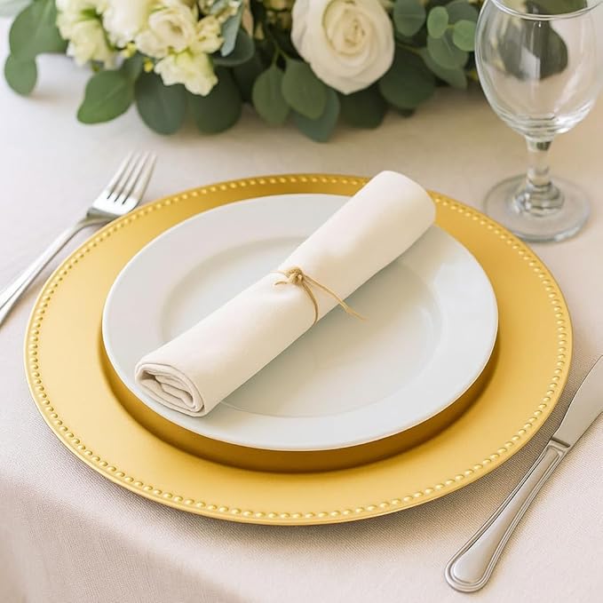 Okllen 12 Pack Plastic Gold Charger Plates, 13" Round Beaded Charger Plates for Wedding, Catering Event, Tabletop Decor