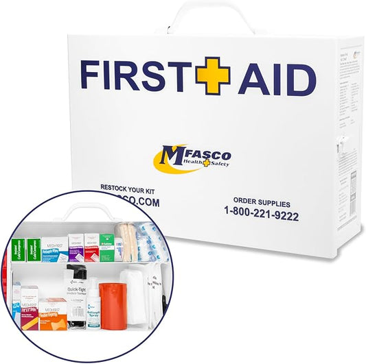 MFASCO 2 Shelf First Aid Cabinet - ANSI/OSHA Class B Type I & II - Medi First Brand Bandages - Carry or Wall Mount - Easy Restock & Refill - - White Enamel Finish - 226 Pcs - 16"x11"x4 7/8"