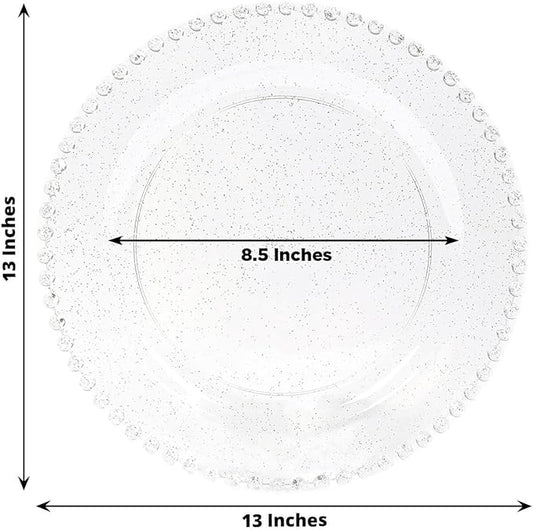 Efavormart 10-Pack Economy Plastic Charger Plates 13" Round Clear/Silver Glitter with Beaded Rim - Stylish Dinner Party Serving Plates
