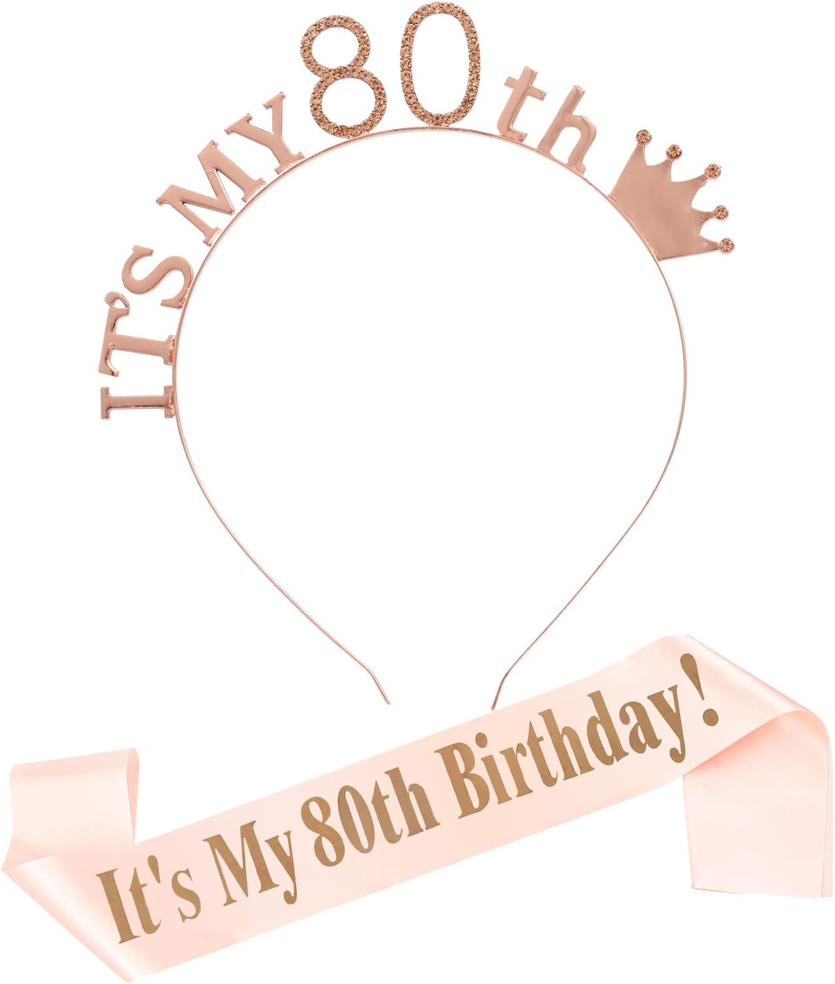 80th Birthday Tiara and Sash for Women, Crystal Headpiece Birthday Crown Party Supplies, Women's Birthday Gifts(Rose Gold)