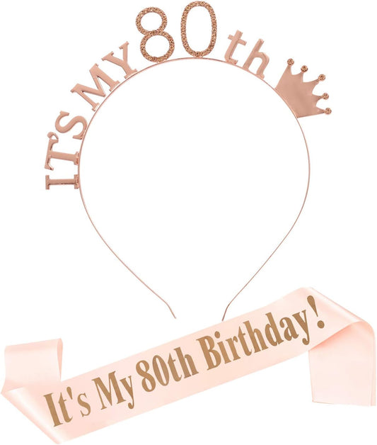 80th Birthday Tiara and Sash for Women, Crystal Headpiece Birthday Crown Party Supplies, Women's Birthday Gifts(Rose Gold)