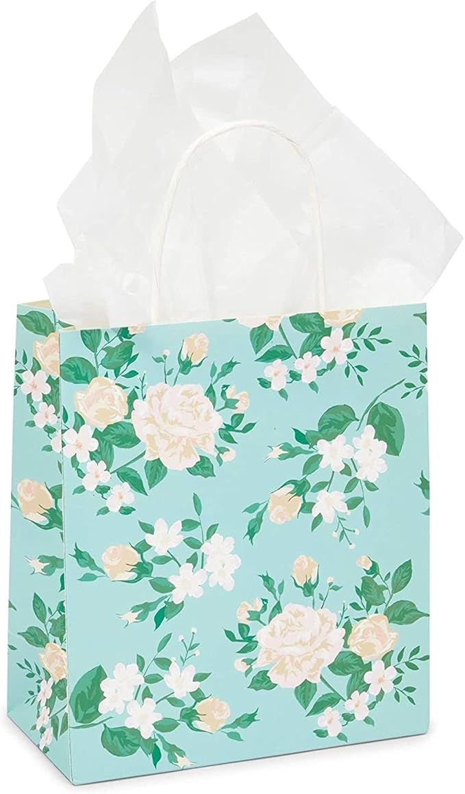 Sparkle and Bash 12 Mini Floral Gift Bags - 8 x 9 x 4 in Multicolor Pack - Party & Thank You Favors - For Baby & Bridal Showers