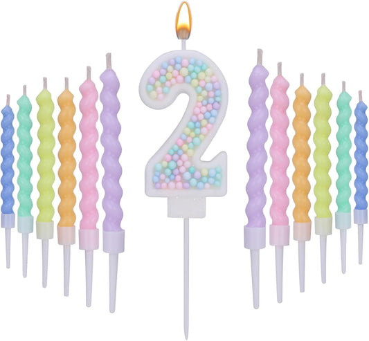 Number 2 Birthday Candles for Cake with 13 Pieces Spiral Candles with Macaron Pastel Rainbow Pink Cake Toppers for Girls Happy Birthday Party Decorations