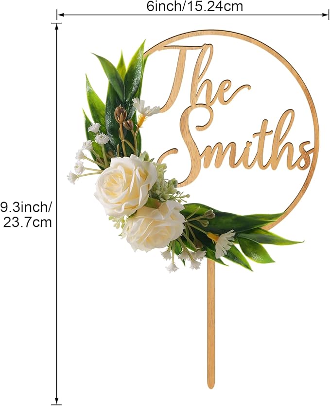 3D Flowers Wedding Cake Topper Personalized Last Name Wedding Cake Decoration in Wood with 3D Artificial Roses