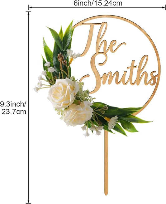 3D Flowers Wedding Cake Topper Personalized Last Name Wedding Cake Decoration in Wood with 3D Artificial Roses