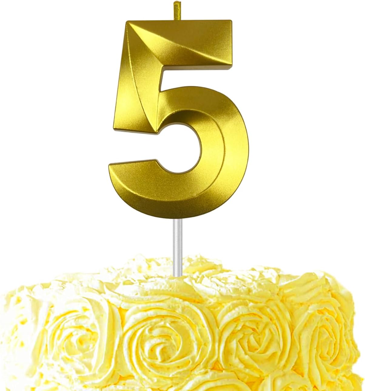 Gold Number 5 Candles, 3D Diamond 2.76 Inch Cake Topper Birthday Candles for Wedding Anniversary Cake Decorations, Happy Birthday Party Decorations