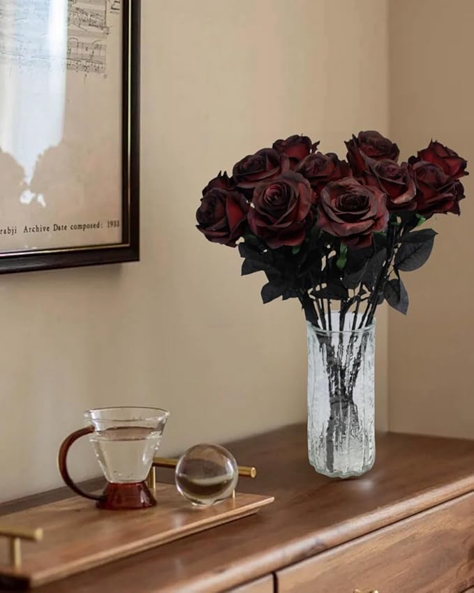 Artificial Roses Flowers, 12 Pcs Fake Burgundy Rose in Bulk, Long Stem Realistic Silk Roses Bouquet for Halloween Decoration, Fall Home Decor, Centerpieces, Flower Arrangement (Burgundy, 12-PCS)