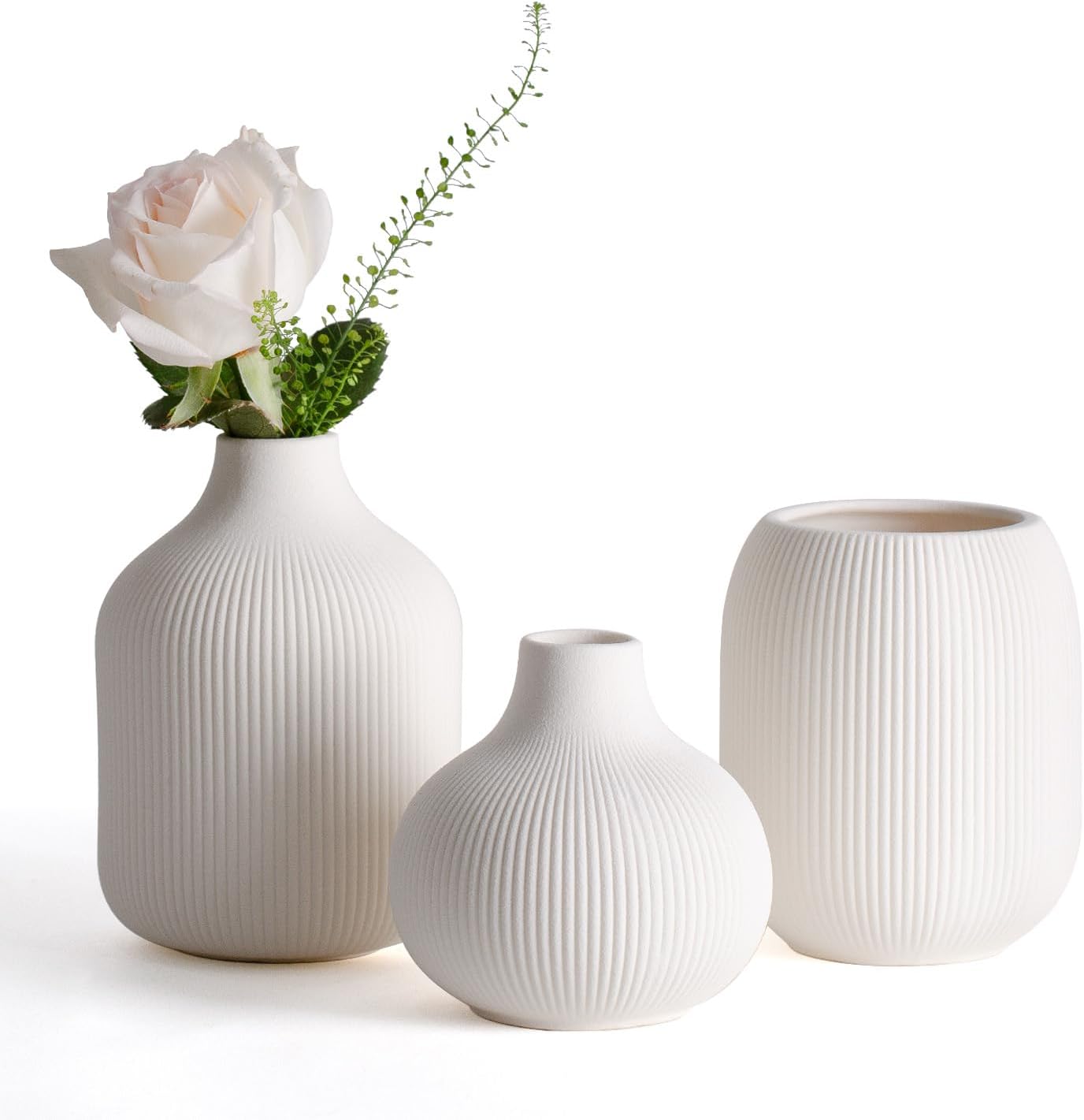 Modern White Ceramic Vase Set of 3, Ribbed Texture Boho Minimalist Home Decor, Small Decorative Vases for Centerpiece, Shelf, Tabletop - Aesthetic Touch for Neutral & Transitional Spaces