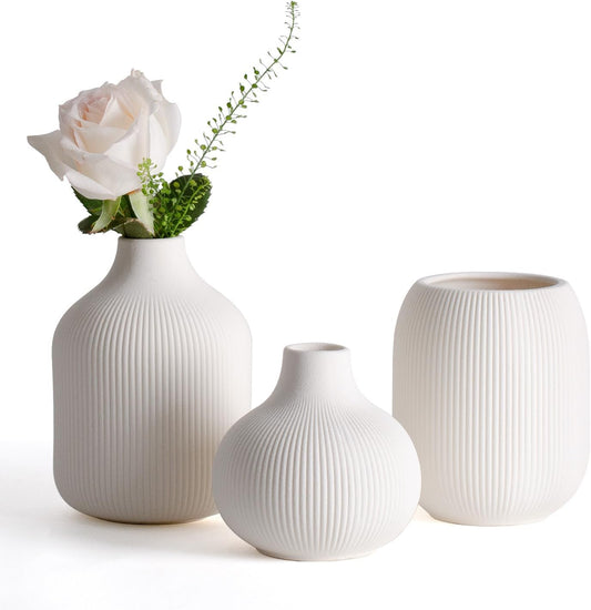 Modern White Ceramic Vase Set of 3, Ribbed Texture Boho Minimalist Home Decor, Small Decorative Vases for Centerpiece, Shelf, Tabletop - Aesthetic Touch for Neutral & Transitional Spaces