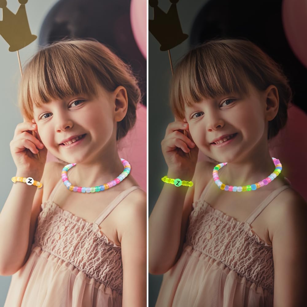 DULEFUN Glow Beads Bracelet Making Kit, Glow in The Dark Pony Beads Letter Beads Heart Beads for Bracelets Making Luminous Plastic Glow Beads DIY Craft for Girls Kids Adults