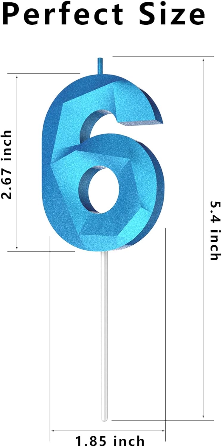 Number Birthday Candles(6 Candle Blue) 3D Diamond Shape Number Happy Birthday Cake Candles for Birthday Party Wedding Decoration Reunions Theme Party