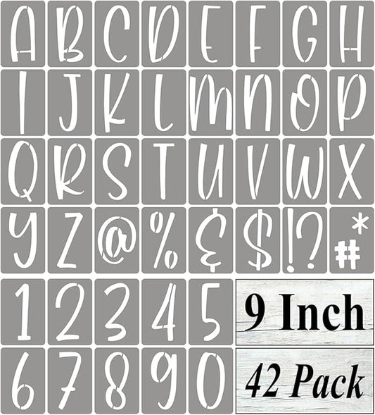 9 Inch Alphabet Letter Stencils for Painting - 42 Pack Letter and Number Stencil Templates with Signs for Painting on Wood, Reusable Letters and Numbers Stencils for Chalkboard Wood Signs & Wall Art