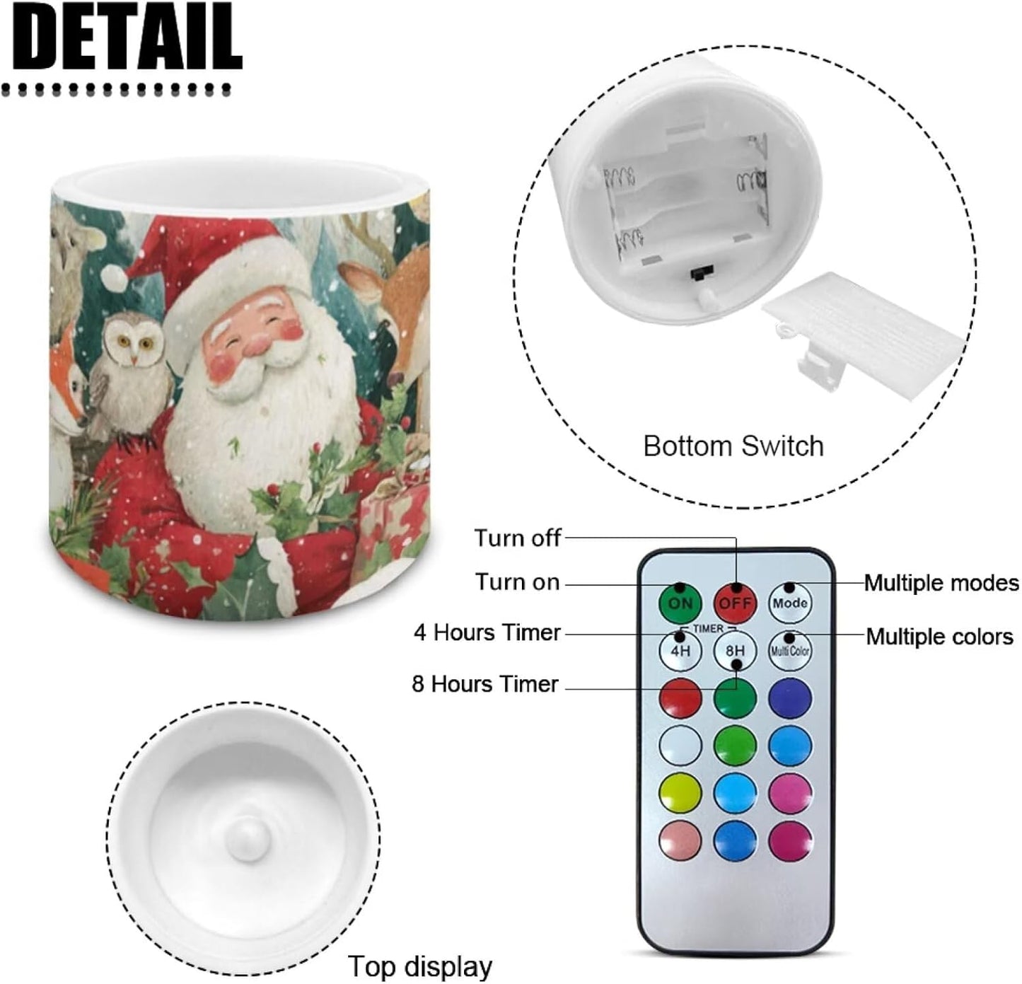 Poceacles 4 Pack Christmas Flameless LED Candles Remote Control Flickering LED Pillar Candles Battery Operated, Timer Multi-Color Options Tea Lights, Santa Claus Owl Reindeer Fox Animal Pattern