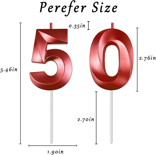 Red Number 50 Candles, 3D Diamond 2.76 Inch Cake Topper Birthday Candles for Wedding Anniversary Cake Decorations, Happy Birthday Party Decorations