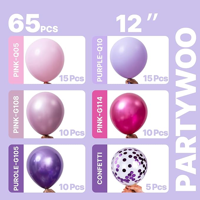 PartyWoo Pink and Purple Balloons 65pcs 12 Inch Baby Pastel Light Metallic Pink Light Purple Lavender Lilac Confetti Balloons for Baby Shower Princess Butterfly Birthday Party Decorations