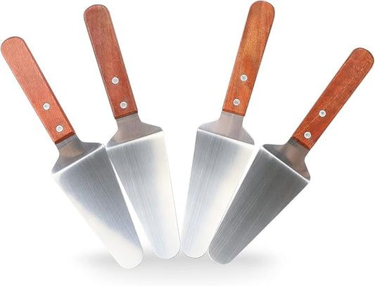 CZWESTC 4 Pcs Stainless Steel Pizza Servers with Wooden Handle, Triangular Spade Pie Pastry Spatula for Cake, Dessert, Tart, Pie and Pizza