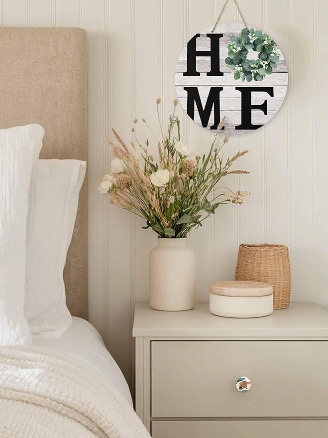 Eucalyptus Leaves Welcome Sign for Front Door, Home Garland Vintage Wood Grain Round Wooden Hanging Sign Housewarming Gift for Home Outdoor Indoor, Front Porch Decor 12inch