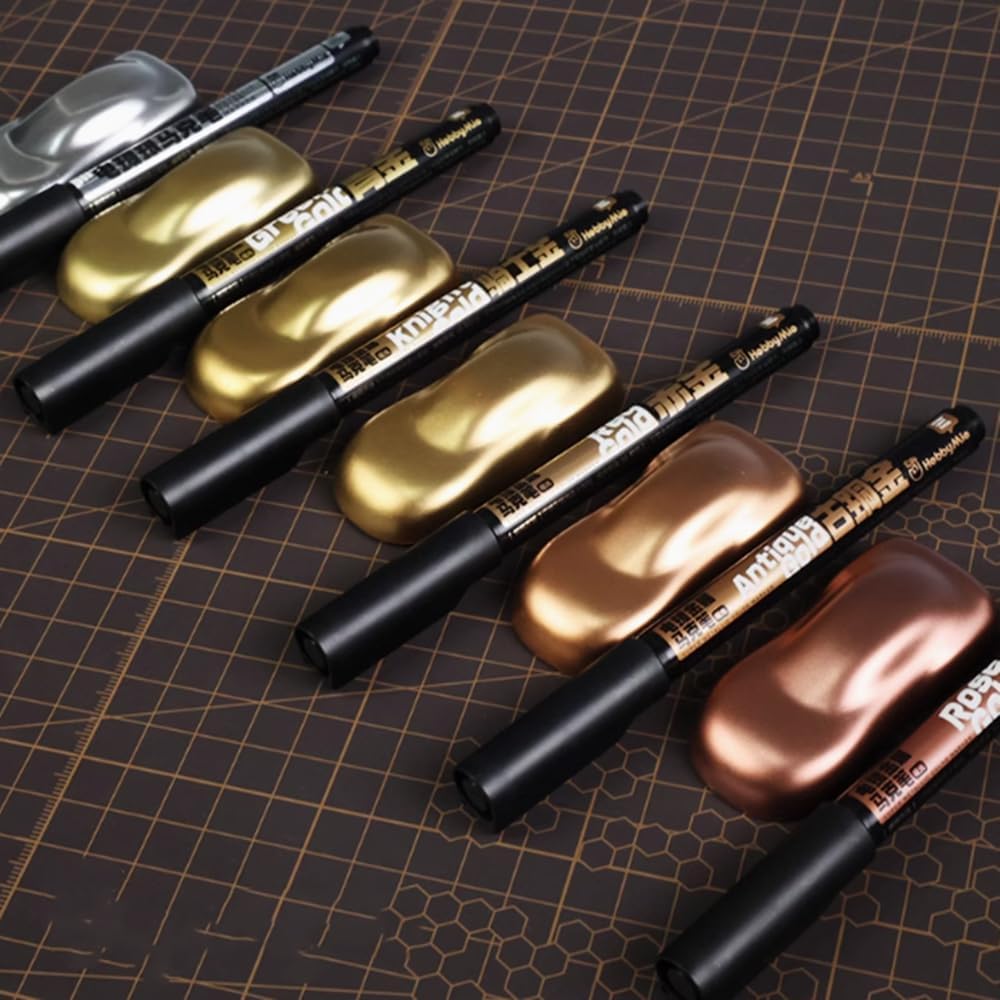 Oil-Based Metallic Chrome Marker Pens – Super Mirror Finish for Model Painting,DIY Crafts,Miniatures (Silver/Gold) – Quick-Dry, High Gloss, Precision Tip (H-M3(Knight Gold))