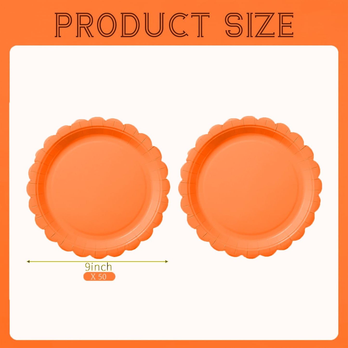 BEFORYOU 50PCS Scalloped Disposable Paper Plates Dessert Cake Party Plates for Baby Shower, Wedding,Bridal Shower Birthday Party Supplies (Orange, 9IN)