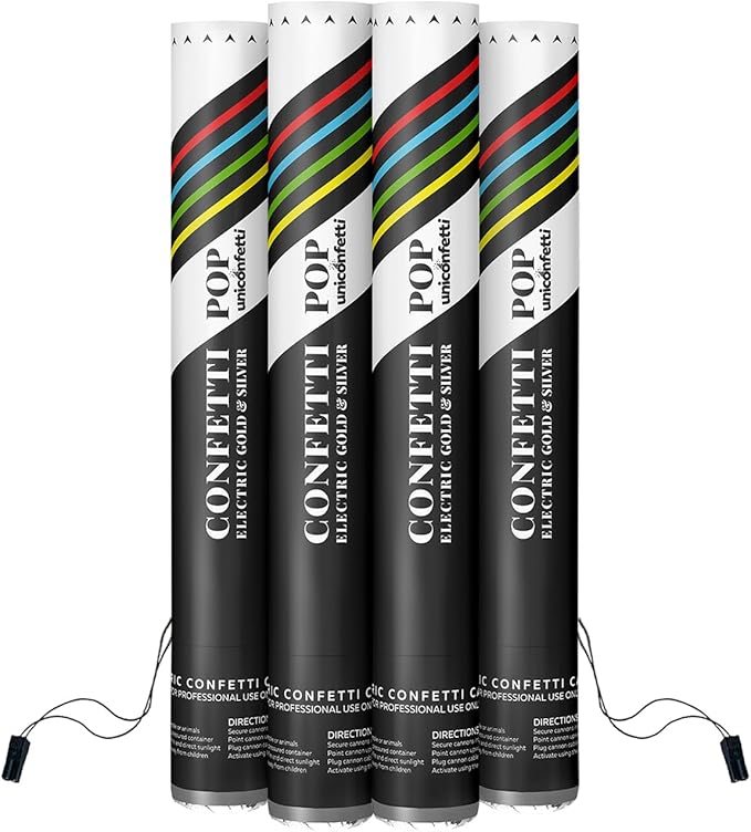 Electric Confetti Cannon Cartridges, 4pcs. - 16" Gold & Silver Confetti Poppers for Weddings, Parties, Events | Requires 2-shot/4-shot Machine to Activate