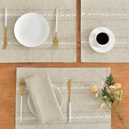 Wracra Cotton Linen Placemats, 12 x 18 Inch Set of 6 Placemats Rustic Hemstitch Place Mats for Kitchen Table and Heat Resistant-Hemstitch Coffee