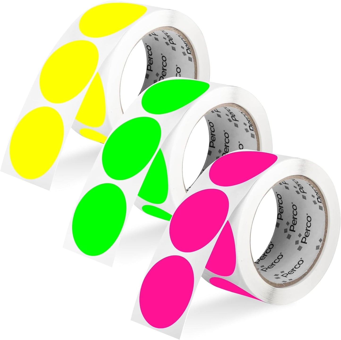 Perco 2-Inch Perforated Circle Dot Sticker Labels—3 Rolls, 1,500 Round Fluorescent Stickers (1 Green, 1 Yellow, 1 Pink)—with Permanent Adhesive for Organizing, Color Coding, Bin Labeling—Made in USA