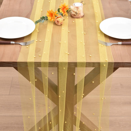 Yellow Pearl Fall Thanksgiving Table Runner Boho Rustic Tulle Lace Table Runner for Baby Shower Wedding Arch Decor Veil Dessert Table Decor 3pcs