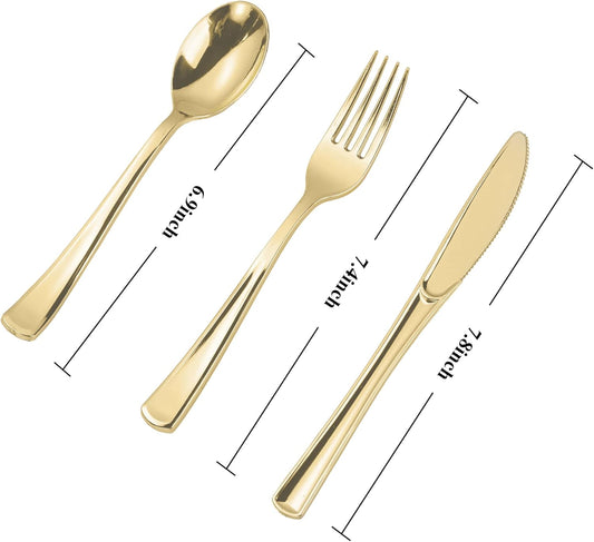 N9R 300PCS Gold Plastic Silverware, Heavy Duty Gold Plastic Cutlery Set Disposable Flatware Dinnerware, 100 Forks, 100 Spoons, 100 Knives, Perfect for Party, Wedding and Daily Use