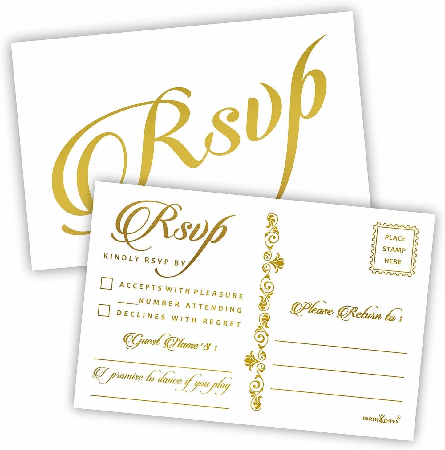 PARTH iMPEX RSVP Postcards for Wedding - Pack of 50 Gold Foil 4x6 Response Cards with Mailing Side White Mailable Invitations for Bridal Shower Reception Engagement Party Anniversary Event Stationery
