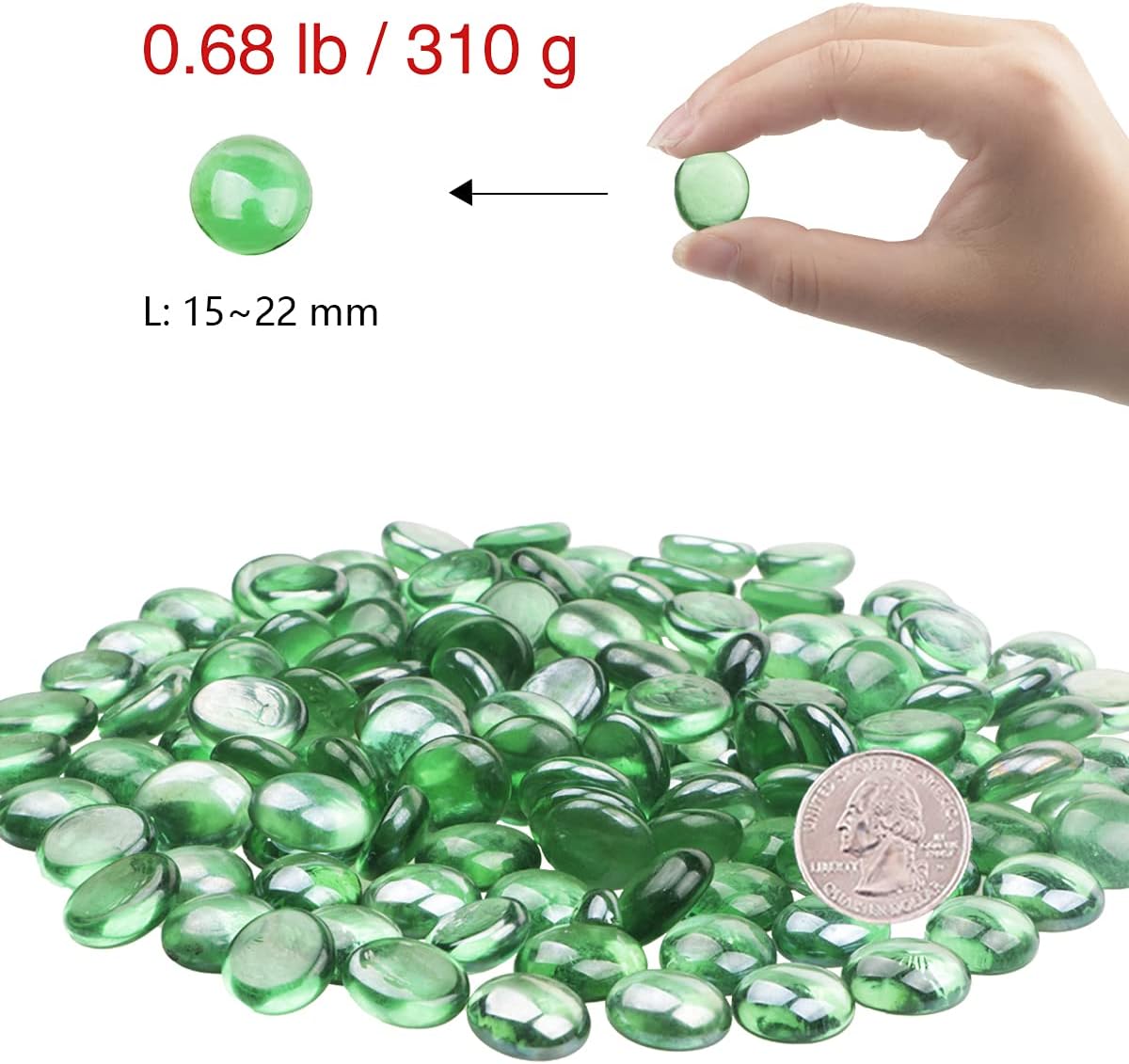 YIYA Green Flat Marble Decorative Beads Glass Gems for Home Decoration Vase Filler Fish Tank Bottom Decoration (About 0.68 lb(310g)/Bag)