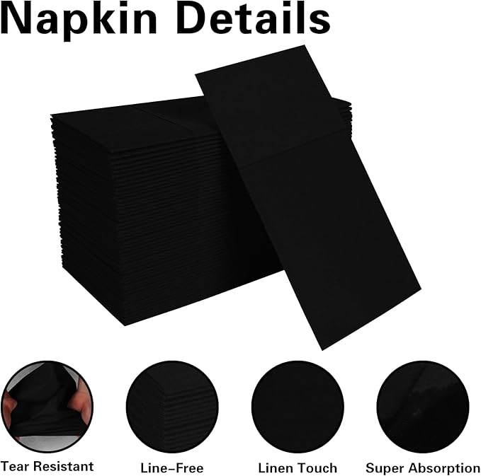 Black Napkins Hand Towels Disposable, Linen-Feel Dinner Napkins with Prefolded Built-in Flatware Pocket, Guest Paper Hand Towels For Wedding, Dinner Or Party (16x16in, 50Pack）