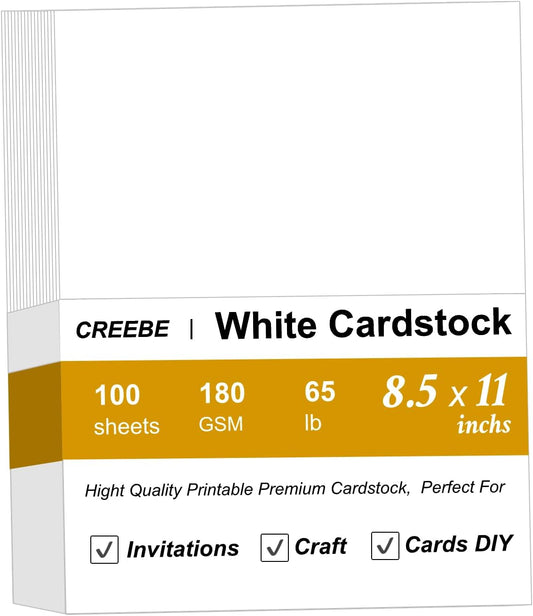 100 Sheets White Cardstock 8.5 x 11, Creebe 65lb White Card Stock Printer Paper for Invitations, Office, Certificate