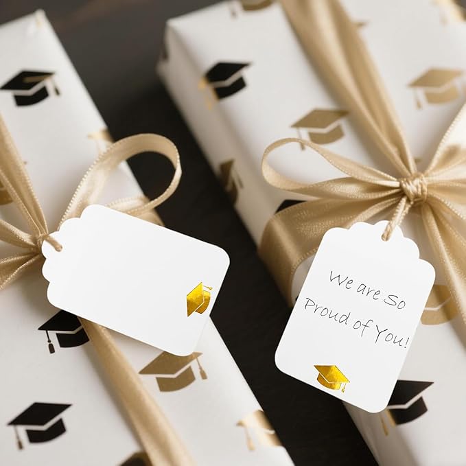 ASYEHJNR 100Pcs Blank Gift Tags with String Foil Gold Grad Cap Large White Paper Gift Tags with 65 Ft Jute Twine for Congrats Grad Congratulations Graduation Party