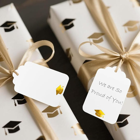 ASYEHJNR 100Pcs Blank Gift Tags with String Foil Gold Grad Cap Large White Paper Gift Tags with 65 Ft Jute Twine for Congrats Grad Congratulations Graduation Party