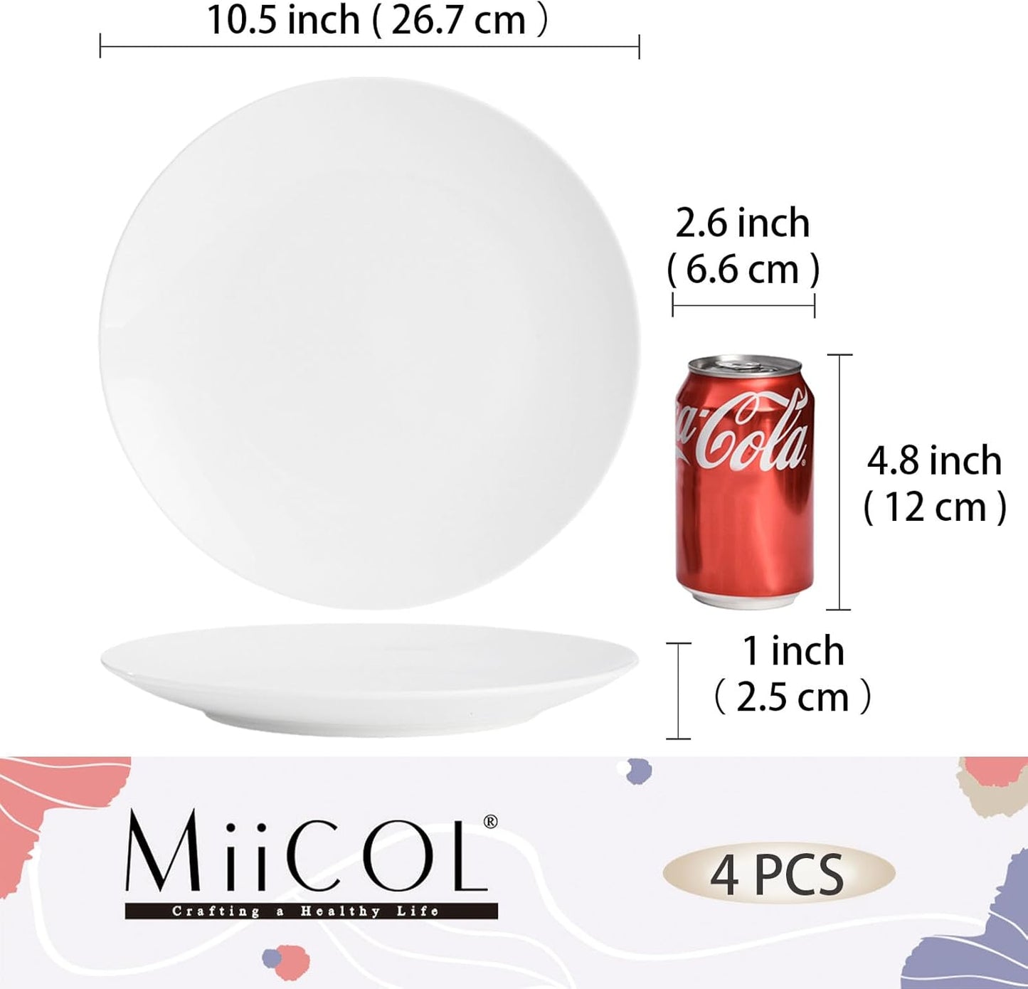 Miicol Ceramic Dinner Plates Set of 4, Large Salad Plate 10.5 inch, White Flat Dish, Porcelain Serving Dishes for Pasta, Steak, Dessert, Microwave and Dishwasher Safe, Scratch Resistant