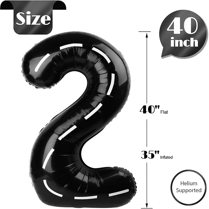 Race Car 2 Balloon, Two Number Balloons 40 Inch, 2nd Black Balloon Number Birthday Decorations, Second Two Birthday Party Supplies, Number 2 Balloon