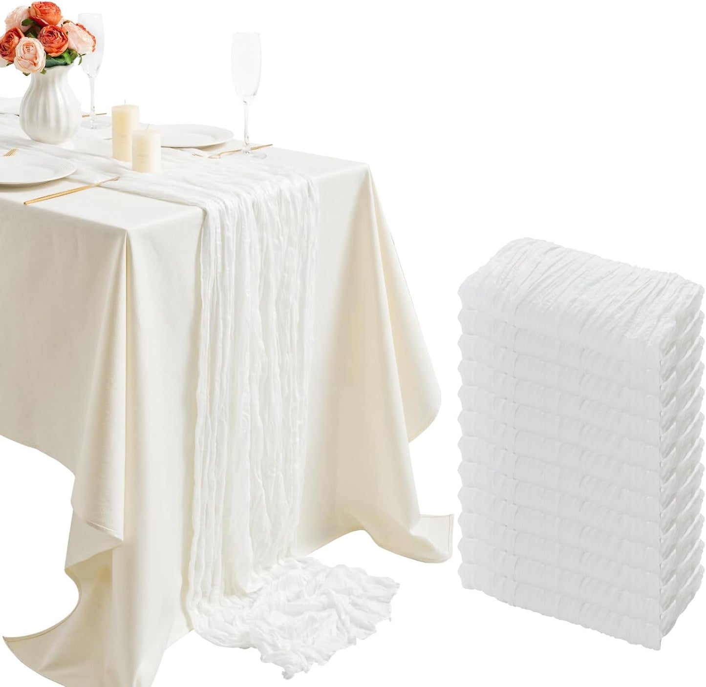 combocube 12 Pack 35x120 Inch 10Ft Cheesecloth Long Table Runner Gauze Rustic Romantic Table Cloth for Wedding Reception Bridal Shower Holiday Birthday Party Table Decorations, White