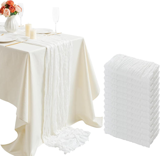 combocube 12 Pack 35x120 Inch 10Ft Cheesecloth Long Table Runner Gauze Rustic Romantic Table Cloth for Wedding Reception Bridal Shower Holiday Birthday Party Table Decorations, White