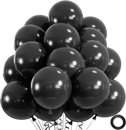 50pcs Black Balloons, 12inch Helium Quality Black Latex Balloons for Birthday Wedding Graduation Halloween Party Decorations (With Ribbon & Glue)