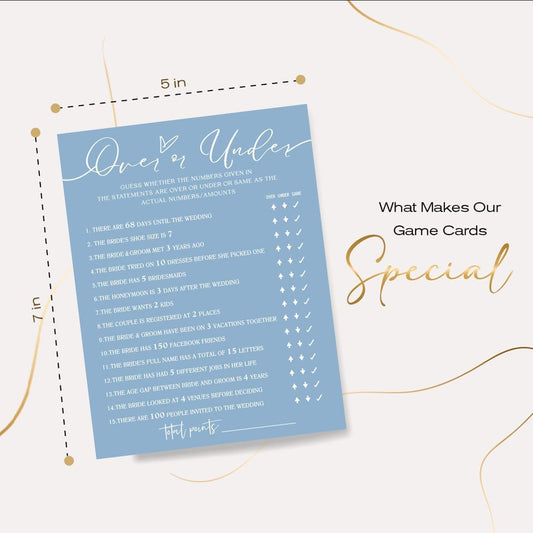 Bridal Shower Games Cards, Guess Over or Under, 25 Guest Cards, Minimalist Blue Wedding Party Supplies