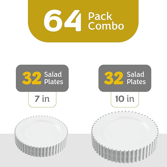 PLASTICPRO 64 Piece Combo Plastic Dinner Plates Disposable Plastic Fancy Heavy Duty Party Dishes 7 inch and 10 inch, White and Silver Beaded