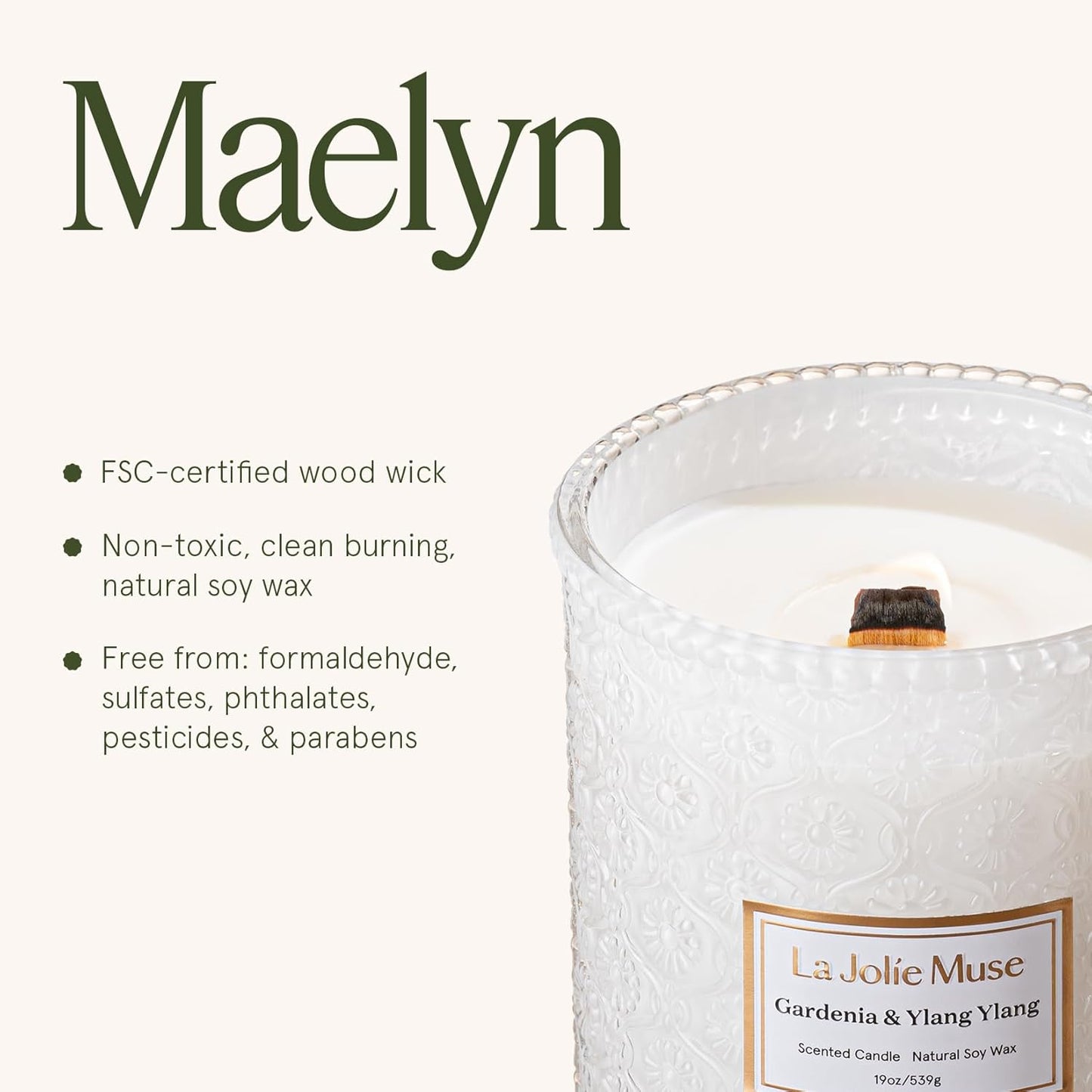 LA JOLIE MUSE Gardenia & Ylang Ylang Scented Candle – Ylang, Tuberose, Orange Blossom |19 oz Large Wooden Wick Candle | Natural Soy Wax | 90 Hours Clean Burn | Gift-Ready for Hosts