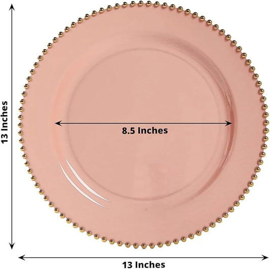 Efavormart 10-Pack Economy Plastic Charger Plates 13" Round Dusty Rose with Gold Beaded Rim - Stylish Dinner Party Serving Plates