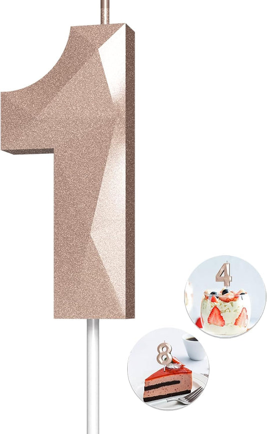 Number Birthday Candles(1 Candle Rose Gold) 3D Diamond Shape Number Happy Birthday Cake Candles for Birthday Party Wedding Decoration Reunions Theme Party